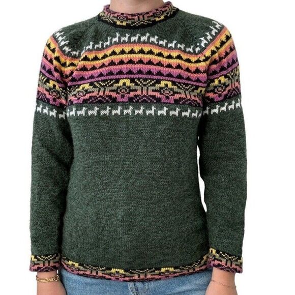 Vintage Womens 100% Alpaca Peruvian Green Geometric Hippie Sweater Sz M - Picture 6 of 6